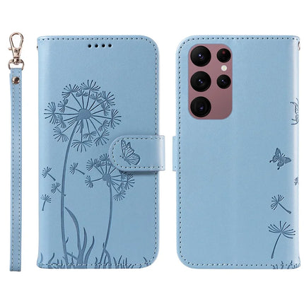 For Samsung Galaxy S23 Ultra Leather Case Wallet Phone Cover Dandelion Imprint - Sky Blue
