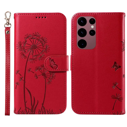 For Samsung Galaxy S23 Ultra Leather Case Wallet Phone Cover Dandelion Imprint - Red