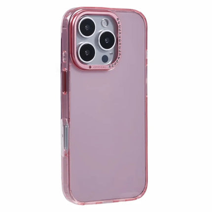 For iPhone 16 Pro Case TPU+PC Phone Back Cover Lens Frame Rhinestone Decorated - Transparent Pink