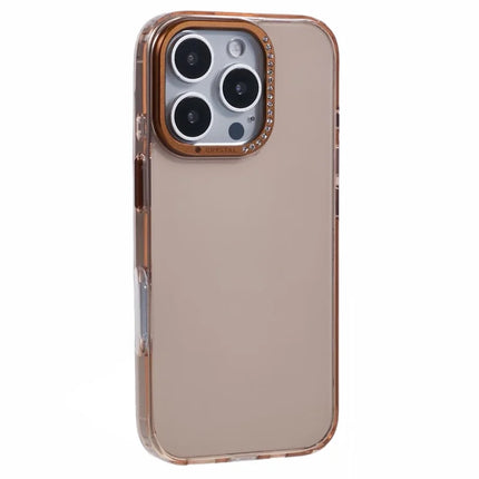 For iPhone 16 Pro Case TPU+PC Phone Back Cover Lens Frame Rhinestone Decorated - Transparent Gold