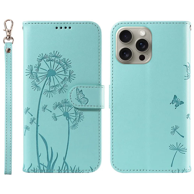 For iPhone 15 Pro Max Leather Case Wallet Phone Cover Dandelion Imprint - Green