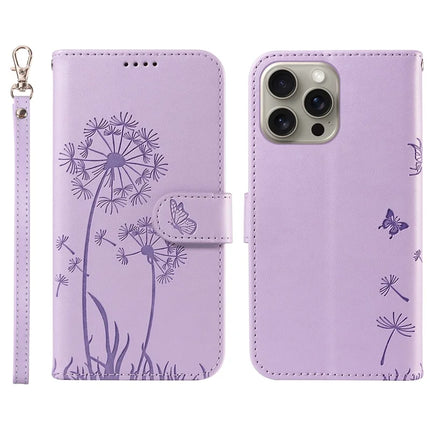 For iPhone 15 Pro Max Leather Case Wallet Phone Cover Dandelion Imprint - Purple