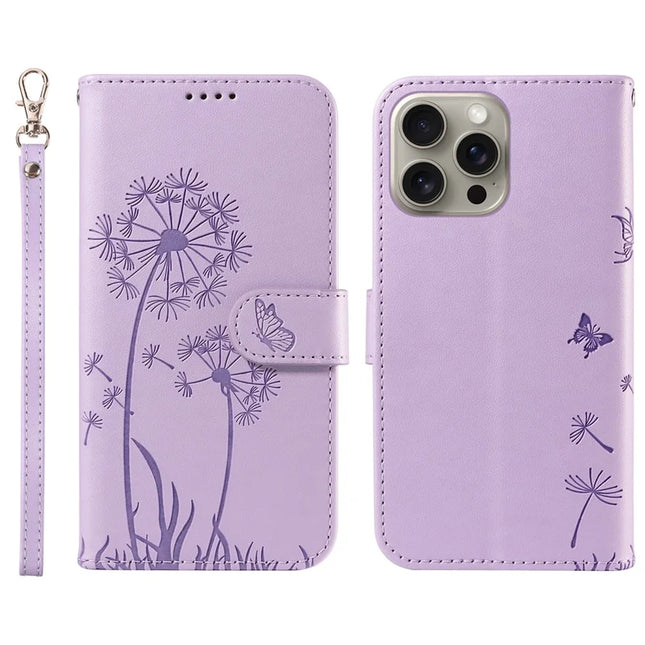 For iPhone 15 Pro Max Leather Case Wallet Phone Cover Dandelion Imprint - Purple