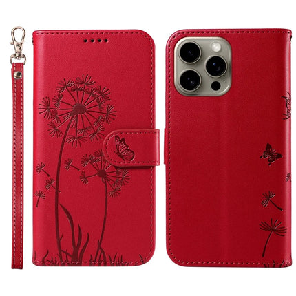 For iPhone 15 Pro Max Leather Case Wallet Phone Cover Dandelion Imprint - Red