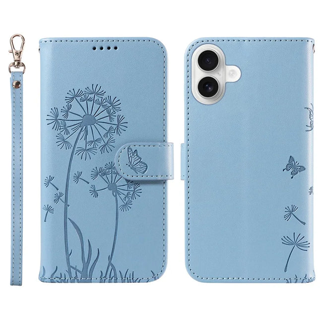 For iPhone 16 Plus Leather Case Wallet Phone Cover Dandelion Imprint - Sky Blue