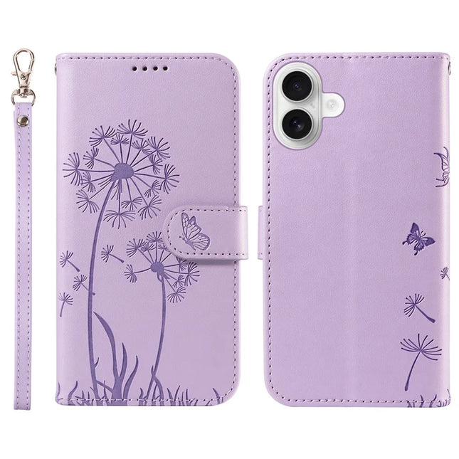 For iPhone 16 Plus Leather Case Wallet Phone Cover Dandelion Imprint - Purple