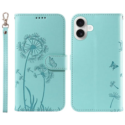 For iPhone 16 Plus Leather Case Wallet Phone Cover Dandelion Imprint - Green