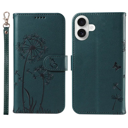 For iPhone 16 Plus Leather Case Wallet Phone Cover Dandelion Imprint - Blue