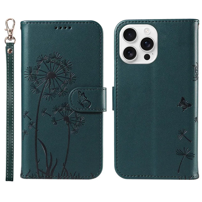 For iPhone 16 Pro Max Leather Case Wallet Phone Cover Dandelion Imprint - Blue