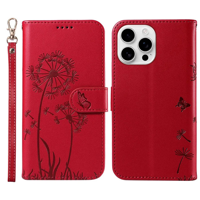 For iPhone 16 Pro Max Leather Case Wallet Phone Cover Dandelion Imprint - Red