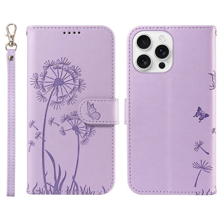 For iPhone 16 Pro Max Leather Case Wallet Phone Cover Dandelion Imprint - Purple