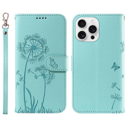 For iPhone 16 Pro Max Leather Case Wallet Phone Cover Dandelion Imprint - Green