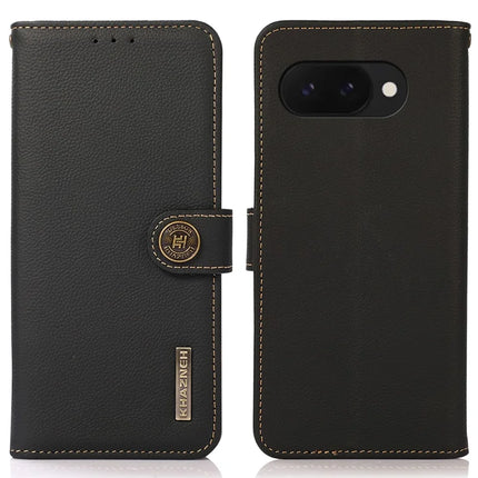 KHAZNEH For Google Pixel 9a Case Genuine Cow Leather Wallet Phone Cover - Black