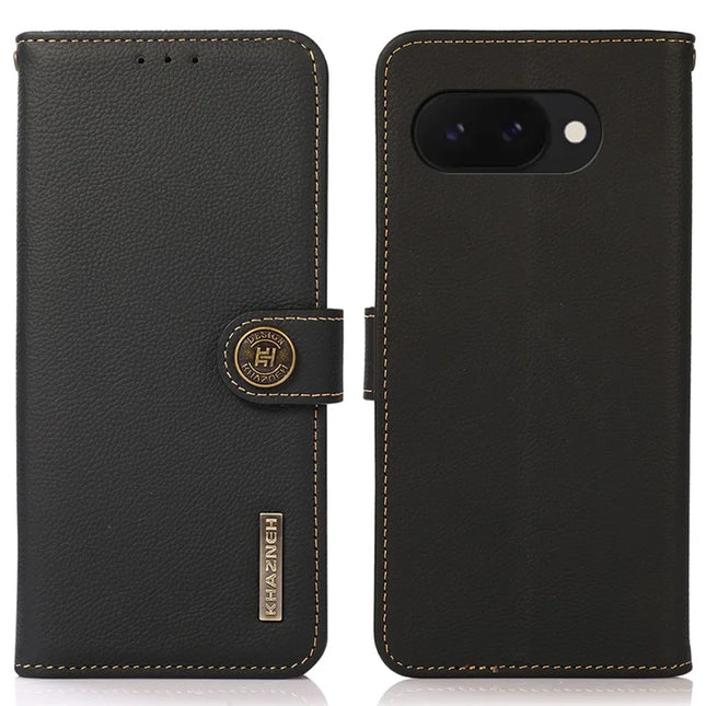 KHAZNEH For Google Pixel 9a Case Genuine Cow Leather Wallet Phone Cover - Black