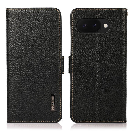 KHAZNEH For Google Pixel 9a Phone Case Genuine Cow Leather Cover RFID Blocking - Black