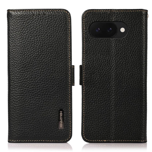 KHAZNEH For Google Pixel 9a Phone Case Genuine Cow Leather Cover RFID Blocking - Black