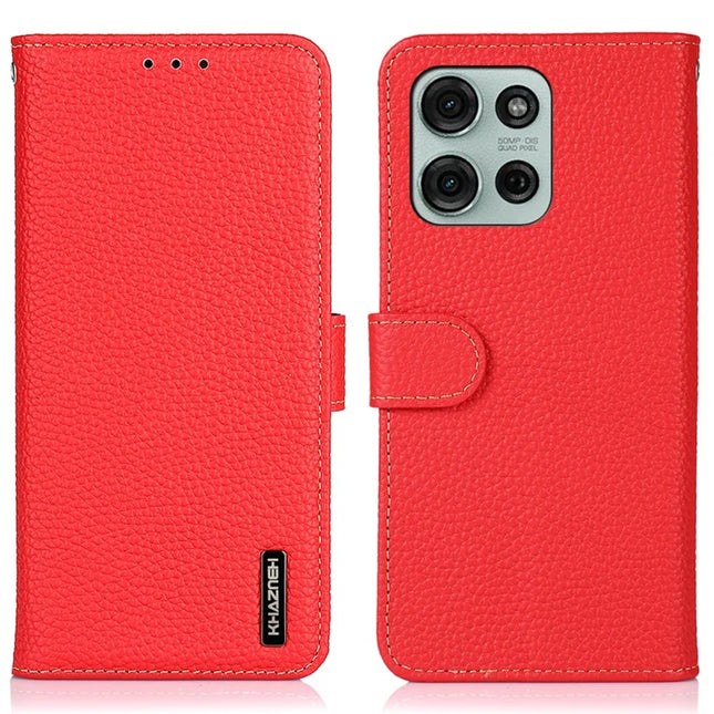 KHAZNEH For Motorola Moto G75 5G Phone Case Genuine Cow Leather Flip Cover - Red
