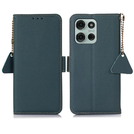 TJ For Motorola Moto G75 5G Case RFID Blocking Genuine Cow Leather Phone Cover - Green