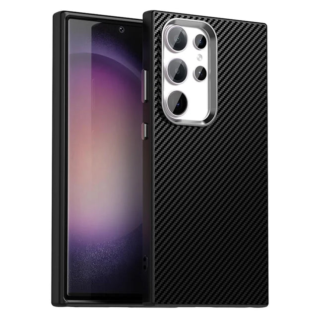 For Samsung Galaxy S23 Ultra Case Cell Phone Hybrid Back Cover Carbon Fiber Texture - Black