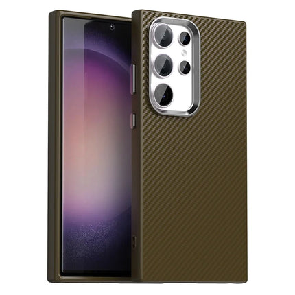 For Samsung Galaxy S23 Ultra Case Cell Phone Hybrid Back Cover Carbon Fiber Texture - Brown