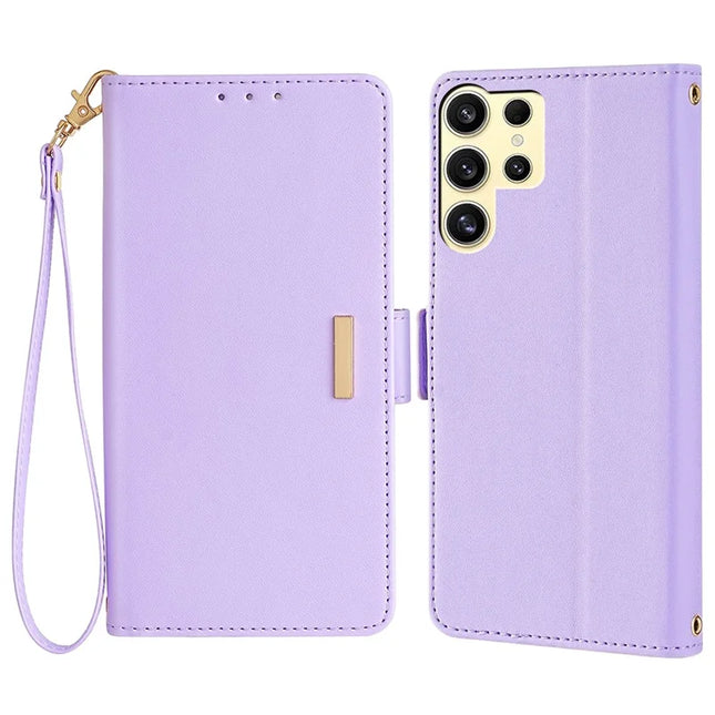 For Samsung Galaxy S23 Ultra Leather Wallet Case RFID Blocking Stand Cover with Hand Strap - Purple