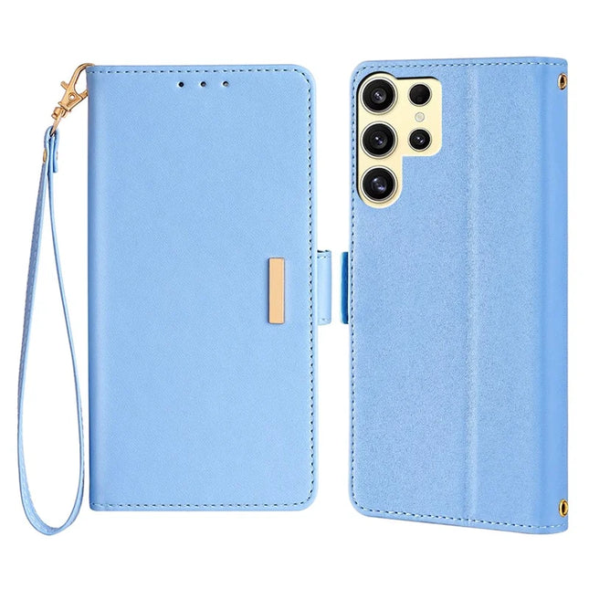 For Samsung Galaxy S23 Ultra Leather Wallet Case RFID Blocking Stand Cover with Hand Strap - Blue