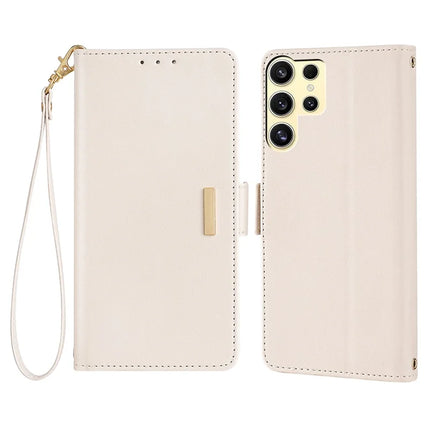 For Samsung Galaxy S23 Ultra Leather Wallet Case RFID Blocking Stand Cover with Hand Strap - White