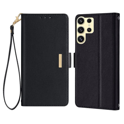 For Samsung Galaxy S23 Ultra Leather Wallet Case RFID Blocking Stand Cover with Hand Strap - Black