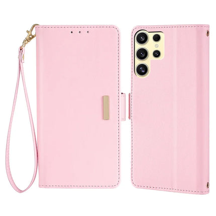 For Samsung Galaxy S23 Ultra Leather Wallet Case RFID Blocking Stand Cover with Hand Strap - Pink