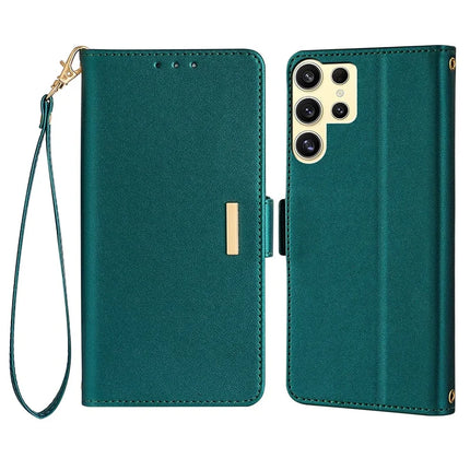 For Samsung Galaxy S23 Ultra Leather Wallet Case RFID Blocking Stand Cover with Hand Strap - Green