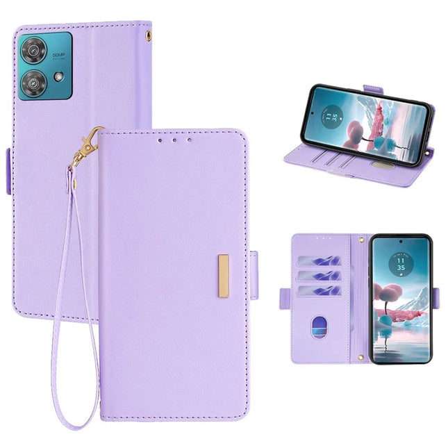 For Motorola Edge 40 Neo 5G Leather Wallet Case RFID Blocking Stand Cover with Hand Strap - Purple