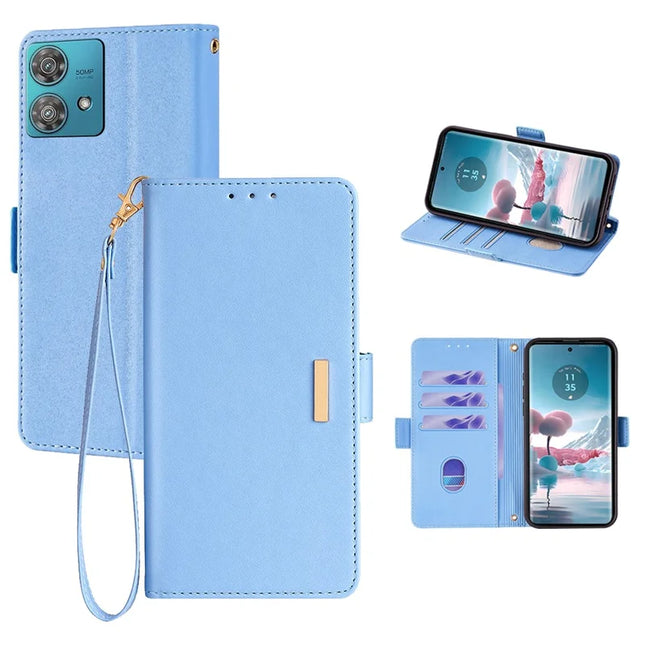 For Motorola Edge 40 Neo 5G Leather Wallet Case RFID Blocking Stand Cover with Hand Strap - Blue