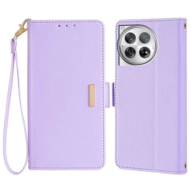 For OnePlus 12 5G Leather Wallet Case RFID Blocking Stand Cover with Hand Strap - Purple