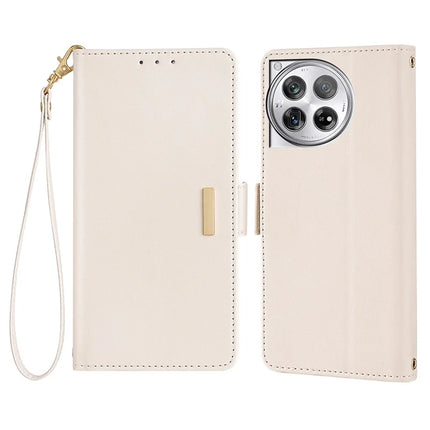 For OnePlus 12 5G Leather Wallet Case RFID Blocking Stand Cover with Hand Strap - White