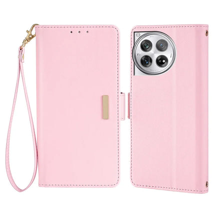 For OnePlus 12 5G Leather Wallet Case RFID Blocking Stand Cover with Hand Strap - Pink