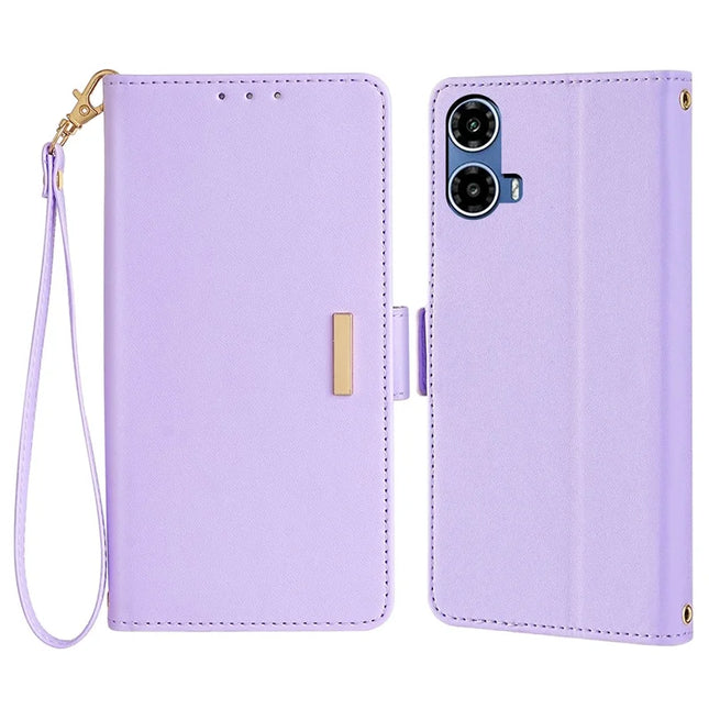 For Motorola Moto G34 5G Leather Wallet Case RFID Blocking Stand Cover with Hand Strap - Purple