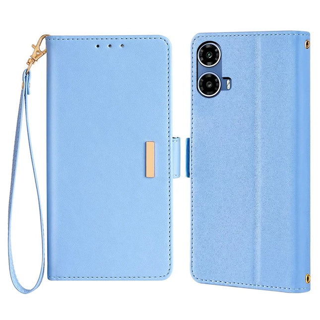 For Motorola Moto G34 5G Leather Wallet Case RFID Blocking Stand Cover with Hand Strap - Blue