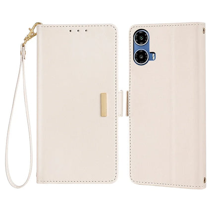 For Motorola Moto G34 5G Leather Wallet Case RFID Blocking Stand Cover with Hand Strap - White