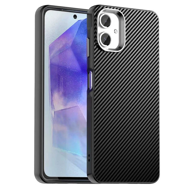 For Samsung Galaxy A06 Case Cell Phone Hybrid Back Cover Carbon Fiber Texture - Black