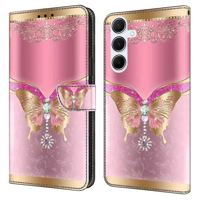 For Samsung Galaxy A16 5G  /  4G Case 3D Pattern PU Leather Wallet Phone Cover with Stand - Pink  /  Gold Butterfly
