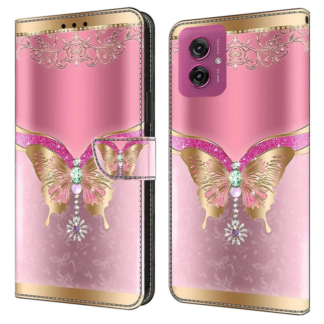 For Motorola Moto G55 5G Case 3D Pattern PU Leather Wallet Phone Cover with Stand - Pink  /  Gold Butterfly