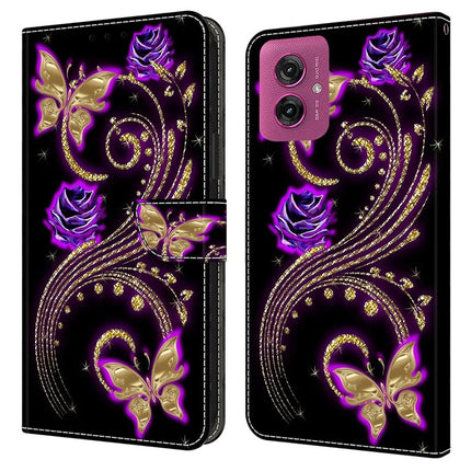 For Motorola Moto G55 5G Case 3D Pattern PU Leather Wallet Phone Cover with Stand - Purple Flowers  /  Butterflies