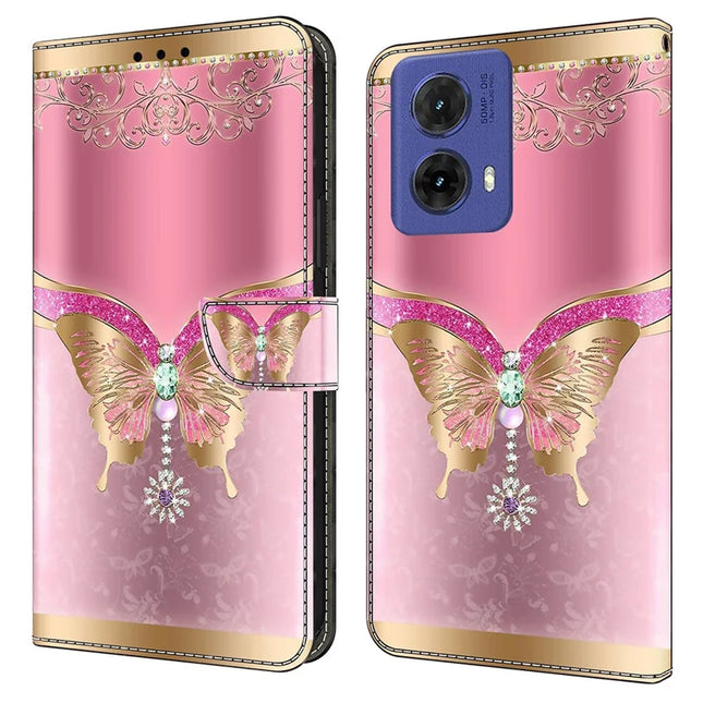 For Motorola Moto G85 5G Case 3D Pattern PU Leather Wallet Phone Cover with Stand - Pink  /  Gold Butterfly