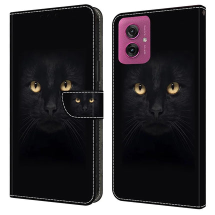 For Motorola Moto G55 5G Case Magnetic Clasp 3D Pattern Leather Wallet Phone Cover - Black Cat