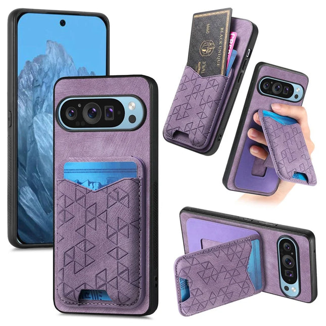 For Google Pixel 9 Pro XL Case Imprinted Pattern Card Holder Kickstand Leather Back Cover - Purple