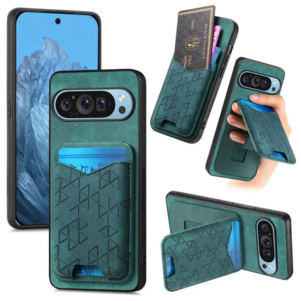 For Google Pixel 9 Pro XL Case Imprinted Pattern Card Holder Kickstand Leather Back Cover - Green
