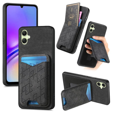 For Samsung Galaxy A05 4G Case Imprinted Pattern Card Holder Kickstand Leather Back Cover - Black