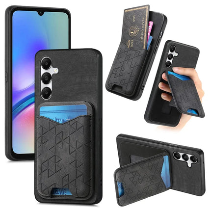 For Samsung Galaxy A05s 4G Case Imprinted Pattern Card Holder Kickstand Leather Back Cover - Black
