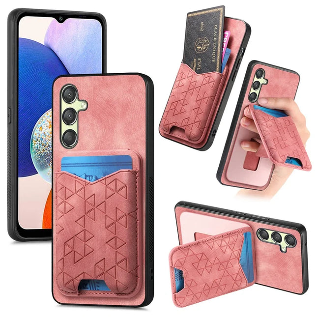 For Samsung Galaxy A14 4G / 5G Case Imprinted Pattern Card Holder Kickstand Leather Back Cover - Pink