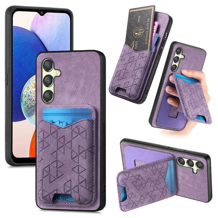 For Samsung Galaxy A14 4G / 5G Case Imprinted Pattern Card Holder Kickstand Leather Back Cover - Purple